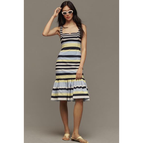 New Anthropologie Maeve Striped Square-Neck Flutter-Hem Midi Dress $178 LARGE - Picture 1 of 6
